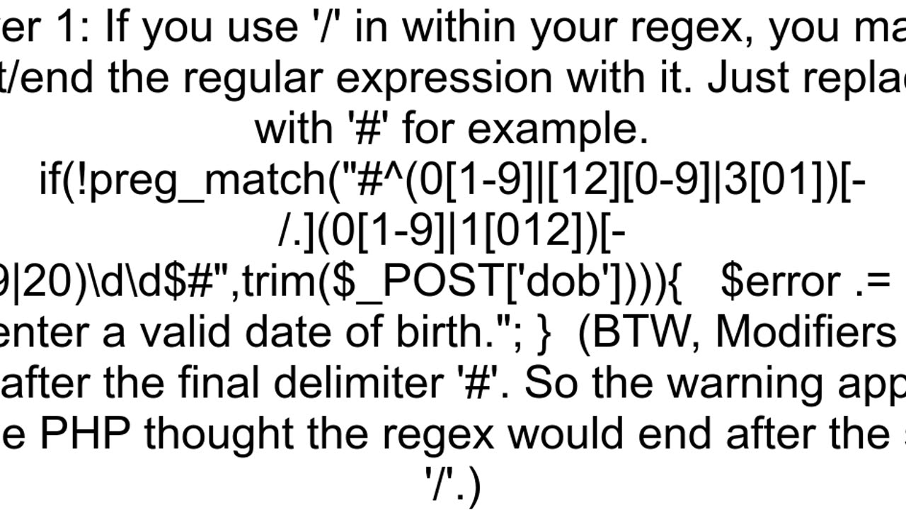 Regular expression displays a Warning when the pattern delimiting character is used inside of a cha