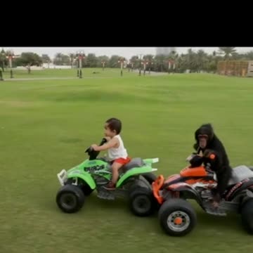 Niño y chimpancé conducen juntos un cuatriciclo