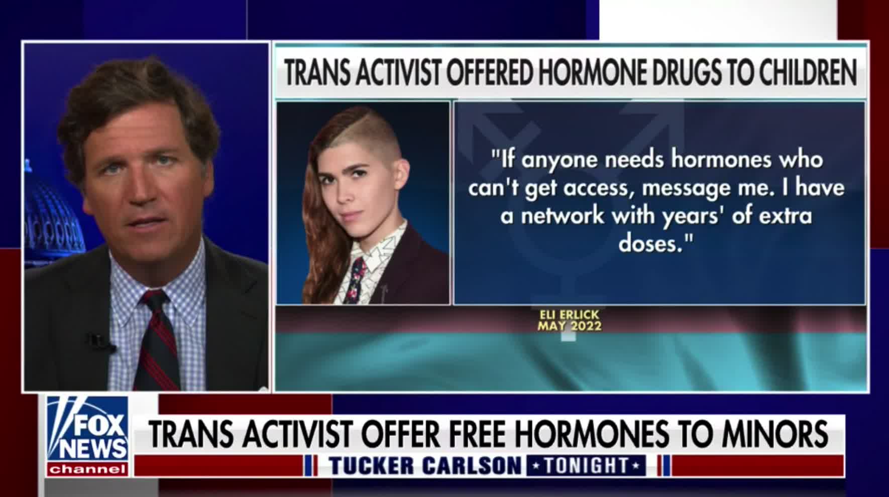 Tucker Carlson cites a story unearthed by Libs of TikTok about a trans activist who has been distributing hormones to minors