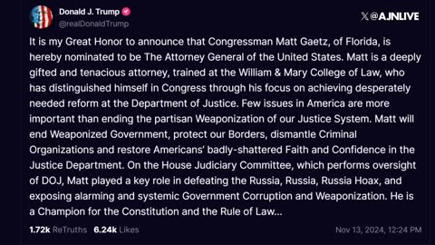 BREAKING - Trump Announces Rep. Matt Gaetz As Attorney General