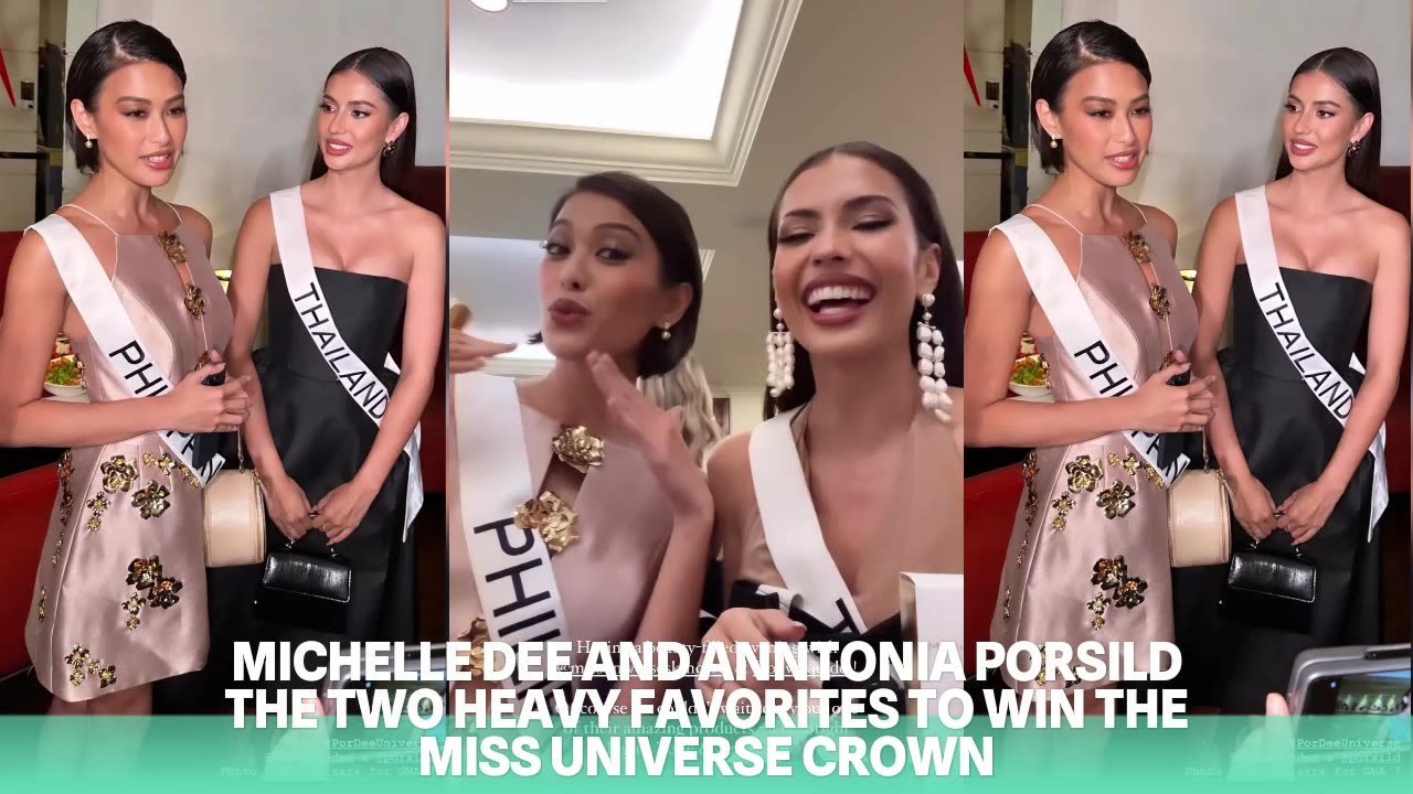 "MICHELLE DEE AND ANNTONIA PORSILD, LEADING CONTENDERS FOR MISS UNIVERSE CROWN"