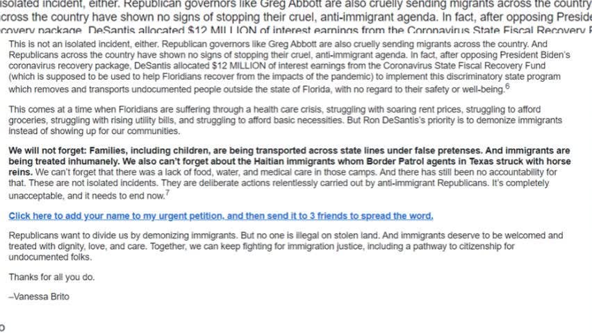 Ironic Political Emails - MoveOn Martha's Vineyard Immigrant Email - Silly Petition and Banter