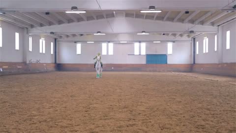 Person in Green Frog Costume Riding Horse in Big Hall