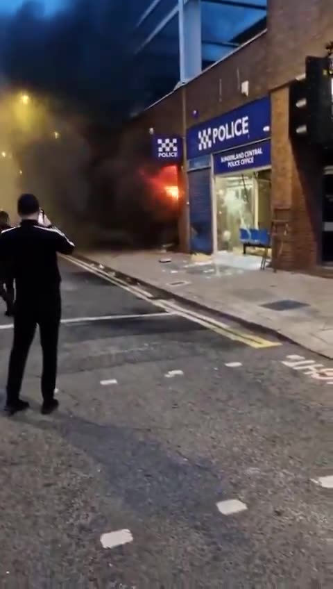 Locals in Sunderland burn a police station after a protest about two-tier policing