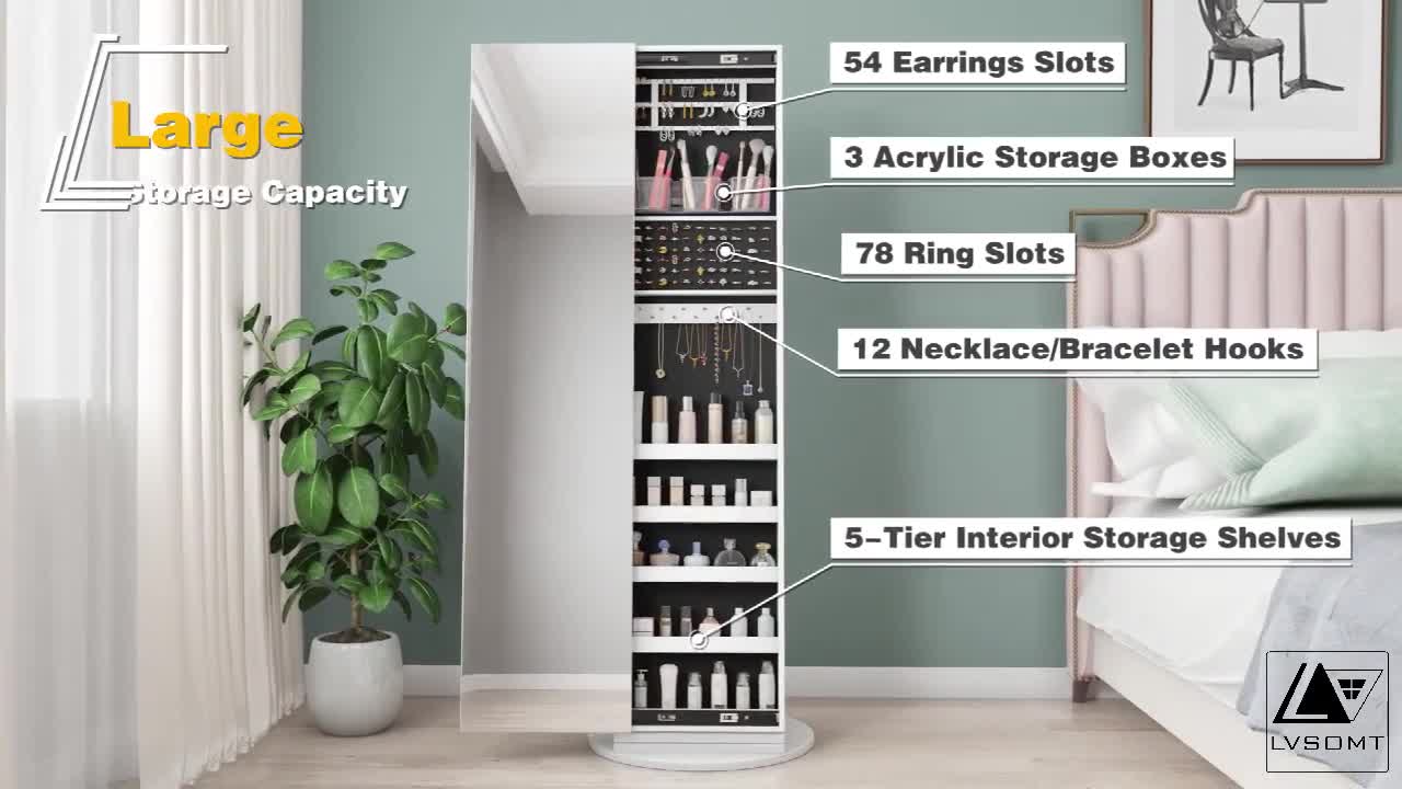 LVSOMT 6216 360° Swivel Jewelry Cabinet with Full-Length Body Dressing Mirror
