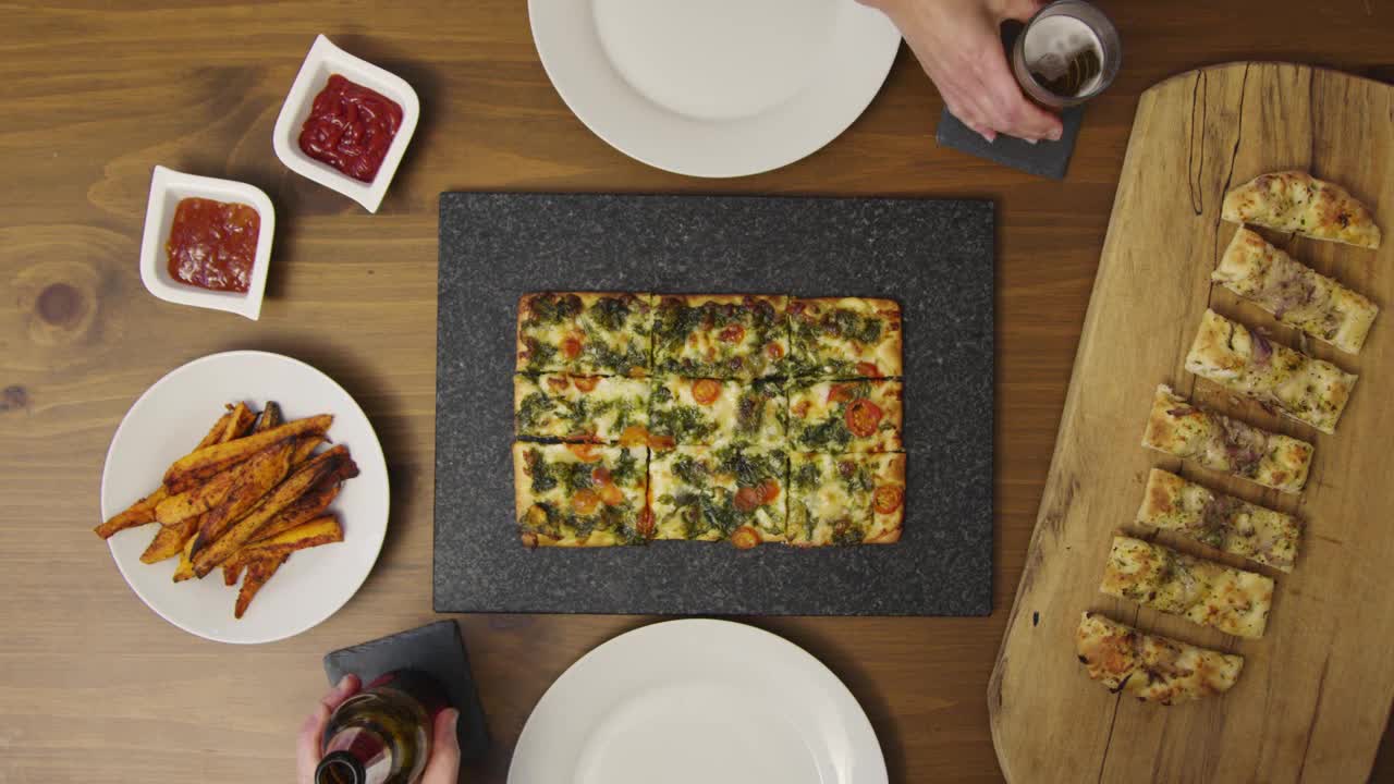 Top View Couple Toast Drinks Over Pizza