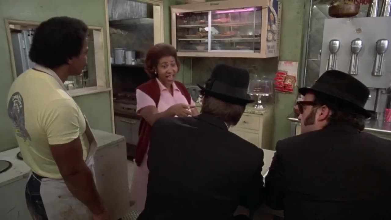 Blues Brothers "We're on a mission from God" John Belushi Dan Akroyd Aretha Franklin 1980