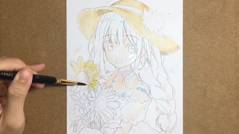 Color the sunflower girl's painting