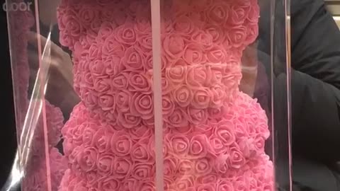 Woman on subway holding a box with bear made of pink roses inside