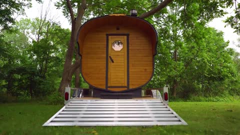 Outdoor wooden barrel sauna