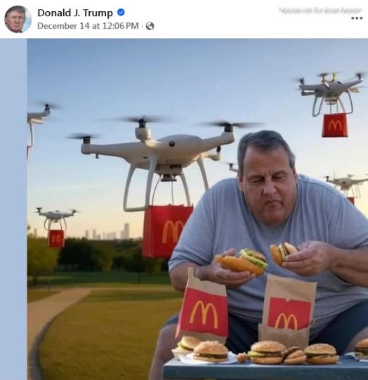 PICTURE ONLY - DONALD TRUMP FACEBOOK POST OF DRONES DELIVERING MCDONALDS SACKS OF FOOD TO CHRIS CHRISTIE - 1 min.