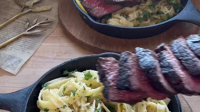 Creamy Garlic Pasta w Steak ⏲🎞 perfect date night meal