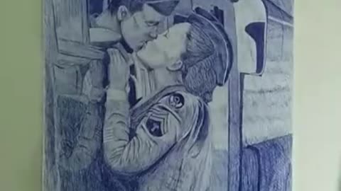 Artist Creates Stunning Portrait of Kissing Couple Using Blue Ballpoint Pens