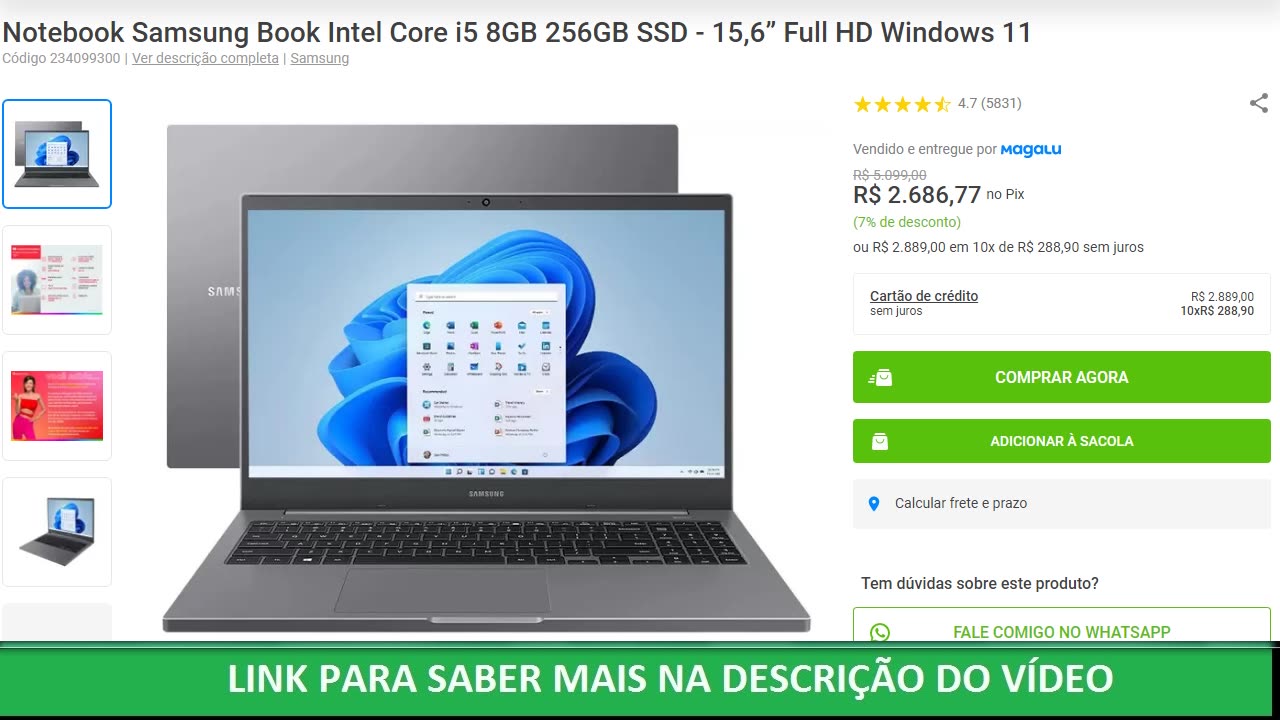 Notebook Samsung Book Intel Core i5 8GB 256GB SSD - 15,6” Full HD Windows 11