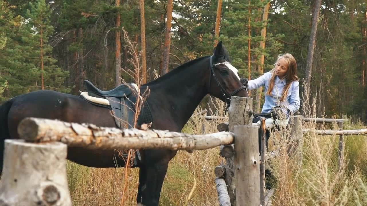 Love and understanding between girl and horse. Redhead girl and brown horse in the forest