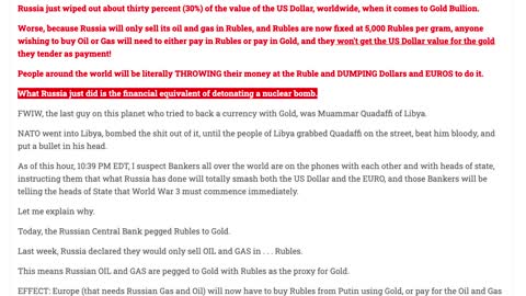It's Official! Russia Central bank Announces Ruble Bound to Gold! 5000 Rubles per Gram