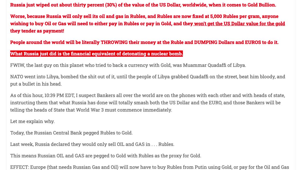It's Official! Russia Central bank Announces Ruble Bound to Gold! 5000 Rubles per Gram