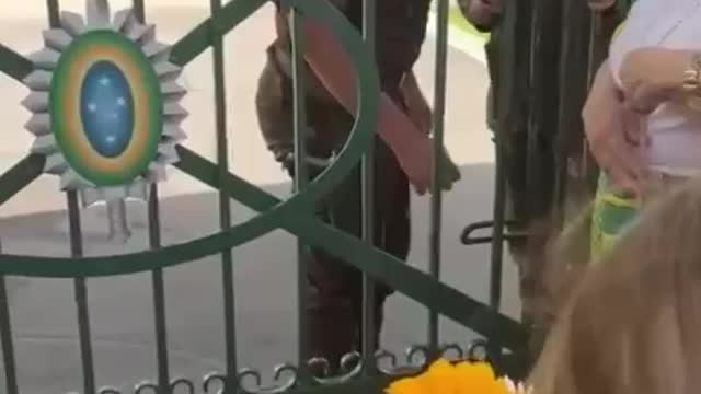 Young Brazilian girl hands flowers and flag to the military.