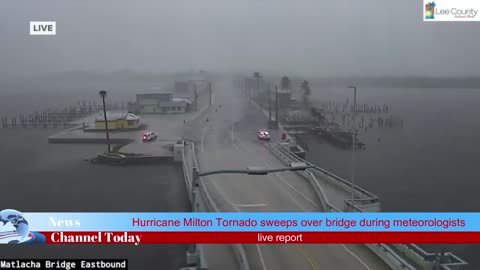 Hurricane Milton Tornado sweeps over bridge during meteorologists live report