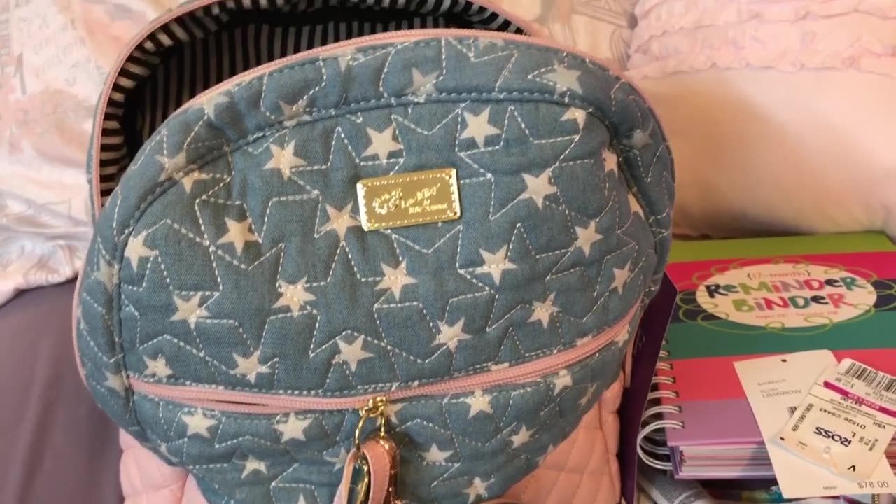 Bag of the day. What's in my Betsey Johnson Star Denim Backpack.