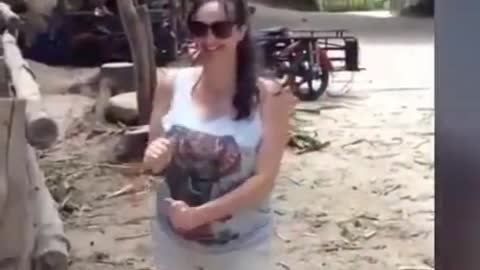 The elephant dropped the girl with the trunk funny animal video