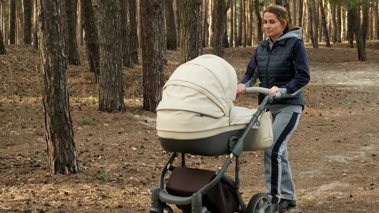 Mom strolling her baby in a stroller in the forest