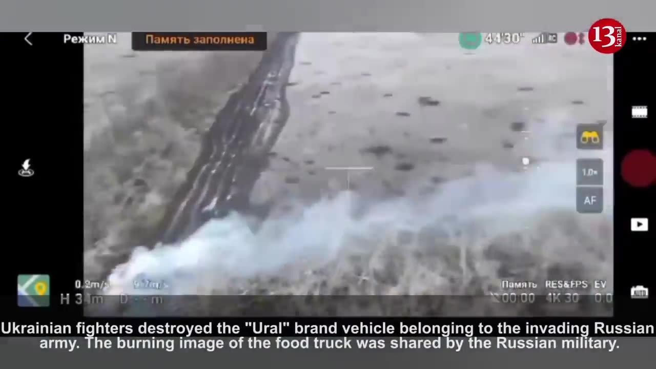 A _Ural_ brend truck carrying food to Russians was hit - image taken by Russian military