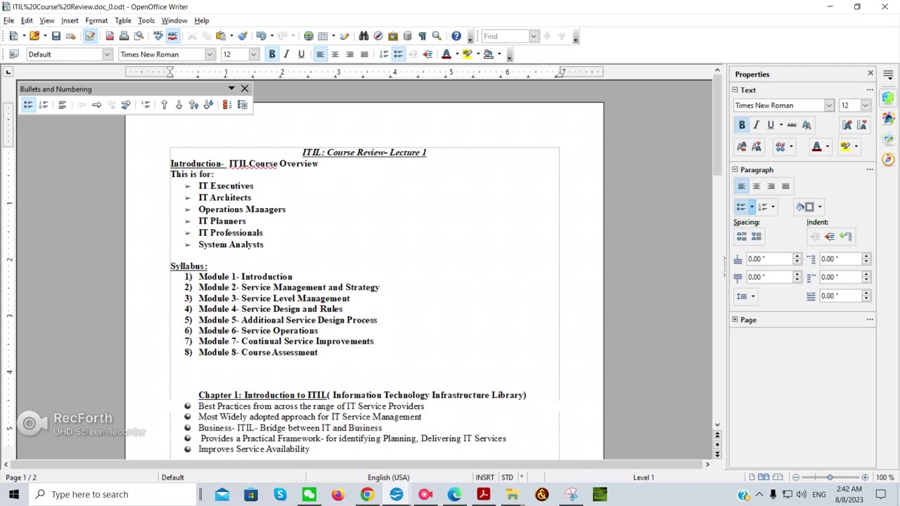 8/8/2023 ITIL: Course Review- Lecture 1