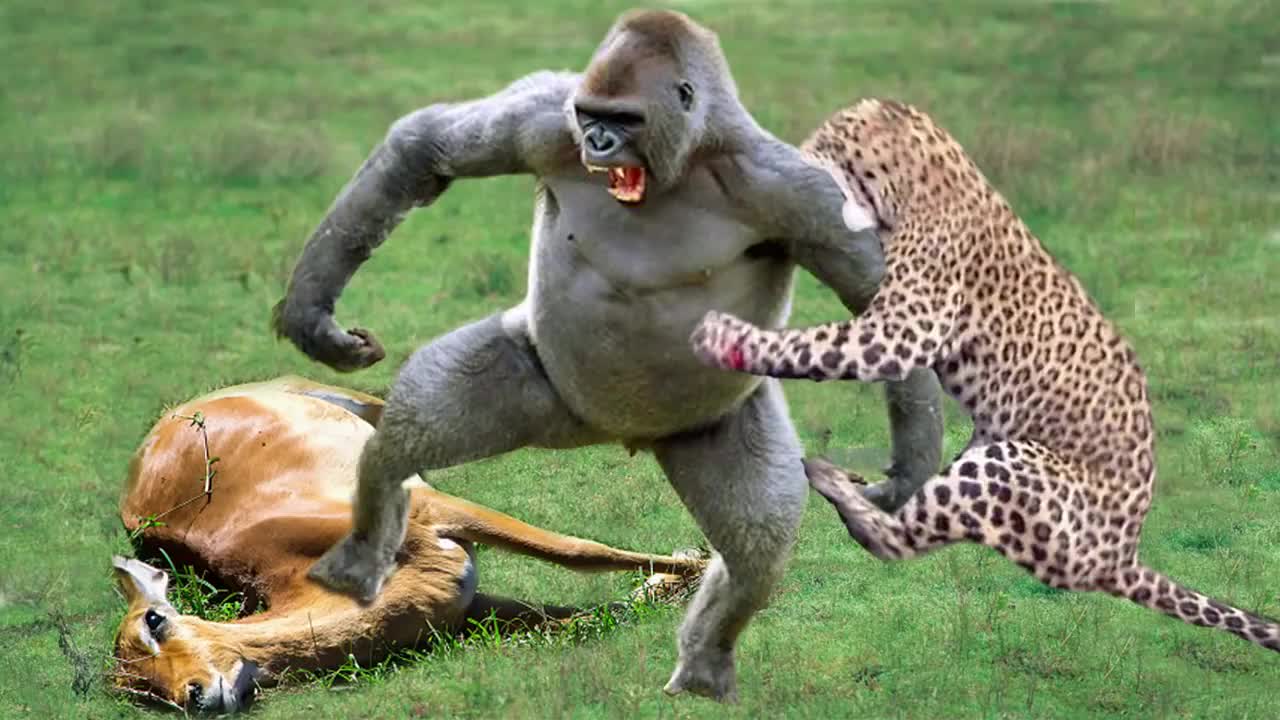 OMG! Jaguar tried to steal from female impala cub - leopard VS baboons