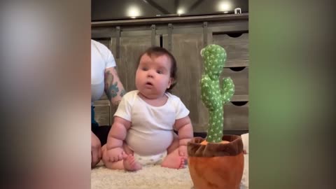 baby reacts to dancing cactus toy, funny and cute