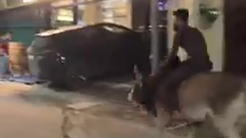 Boy riding bull in Varanasi india