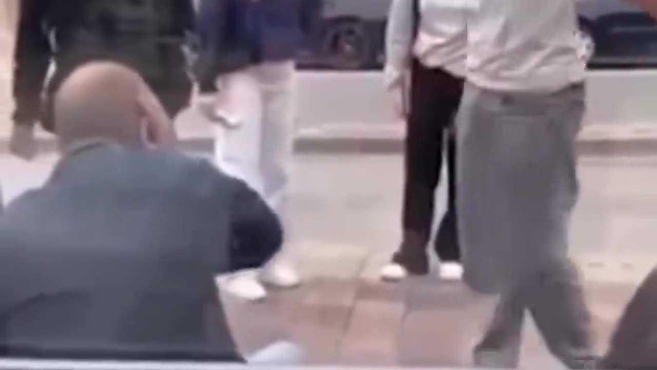 An elderly man on a bench faces punches and kicks from immigrants