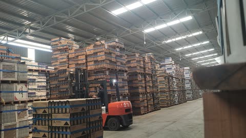 Forklift operator shift the tiles in warehouse