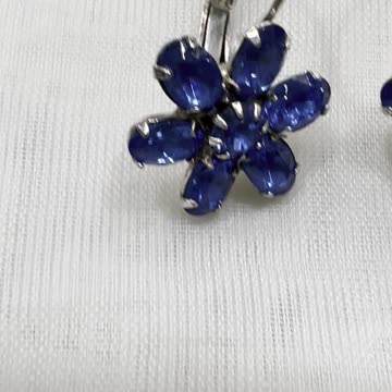 Rhodium Plated 1” Blue Flower Leverback Earrings. Made with Swarovski Crystal