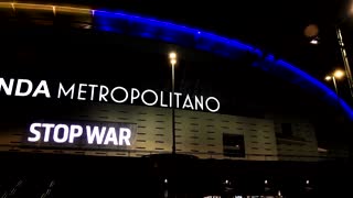 Atletico Madrid's stadium lights up in Ukrainian flag