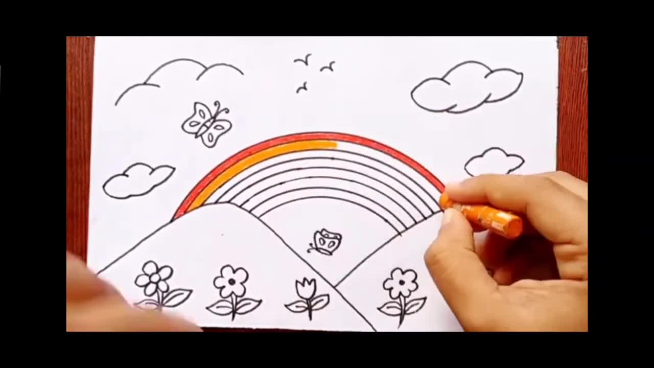 how to draw a Rainbow scenery drawing