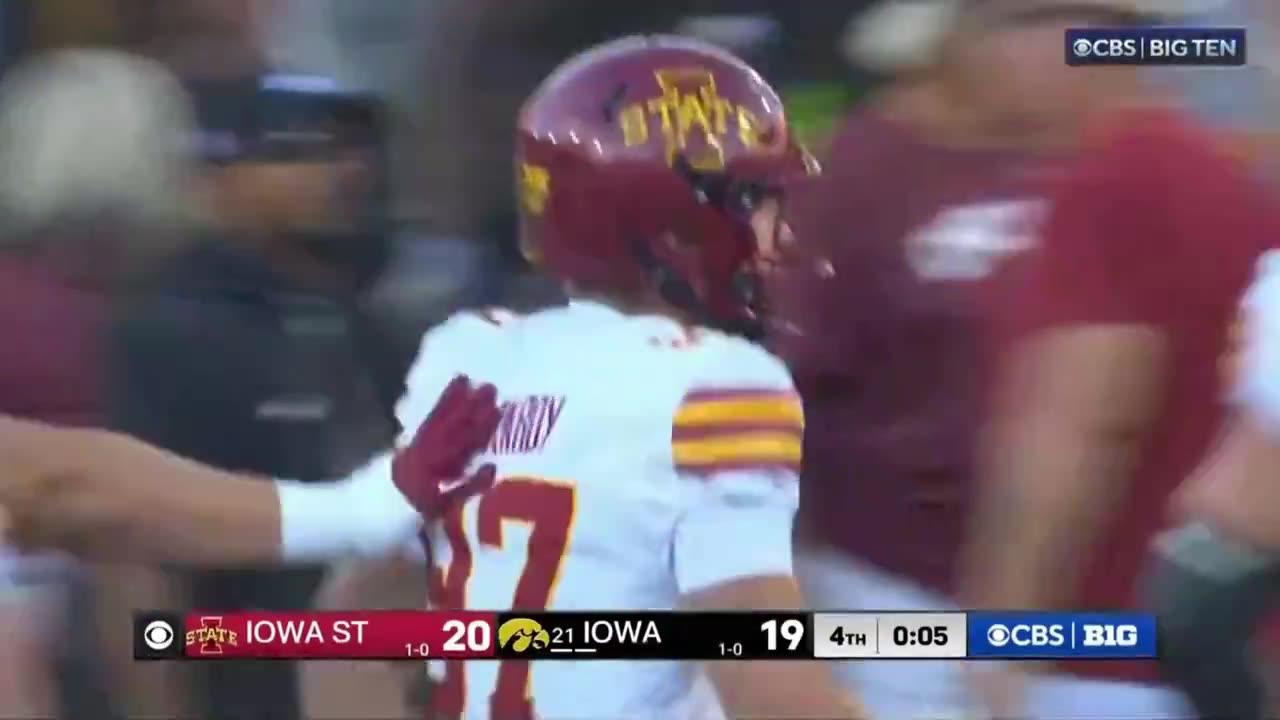 Kyle Konrardy 54-yd FG to win the Cy-Hawk Game.