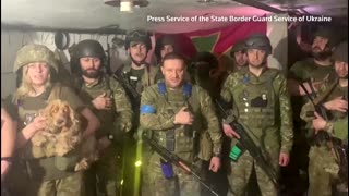 Ukrainian border guards sing national anthem in Azovstal