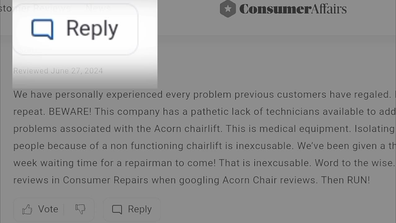 A solution for Acorn stairlift Consumer Affairs reviewers