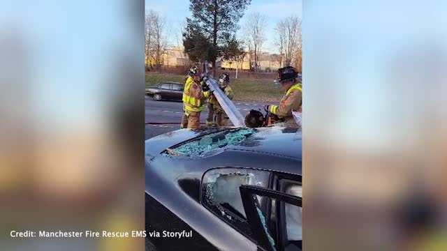 Driver and passenger escape serious injury after car is impaled by guardrail