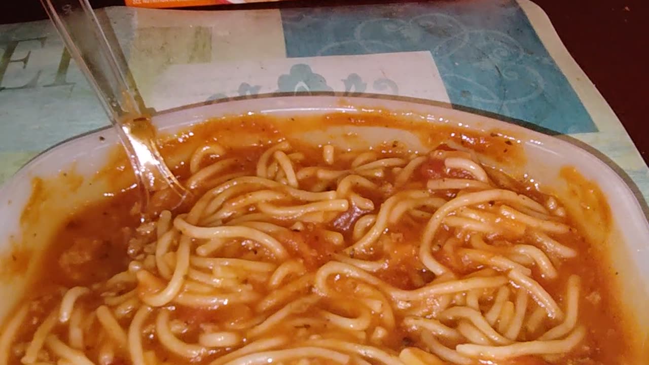 Eating Lean Cuisine Spaghetti With Meat Sauce, Dbn, MI, 1/11/24