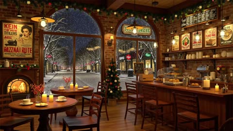 ❄️ Snow Night on Window at Christmas Coffee Shop Ambience Relaxing
