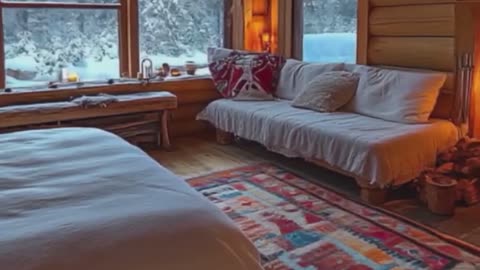 Luxurious Winter Retreat with Plush Furnishings and Stunning Snowfall.