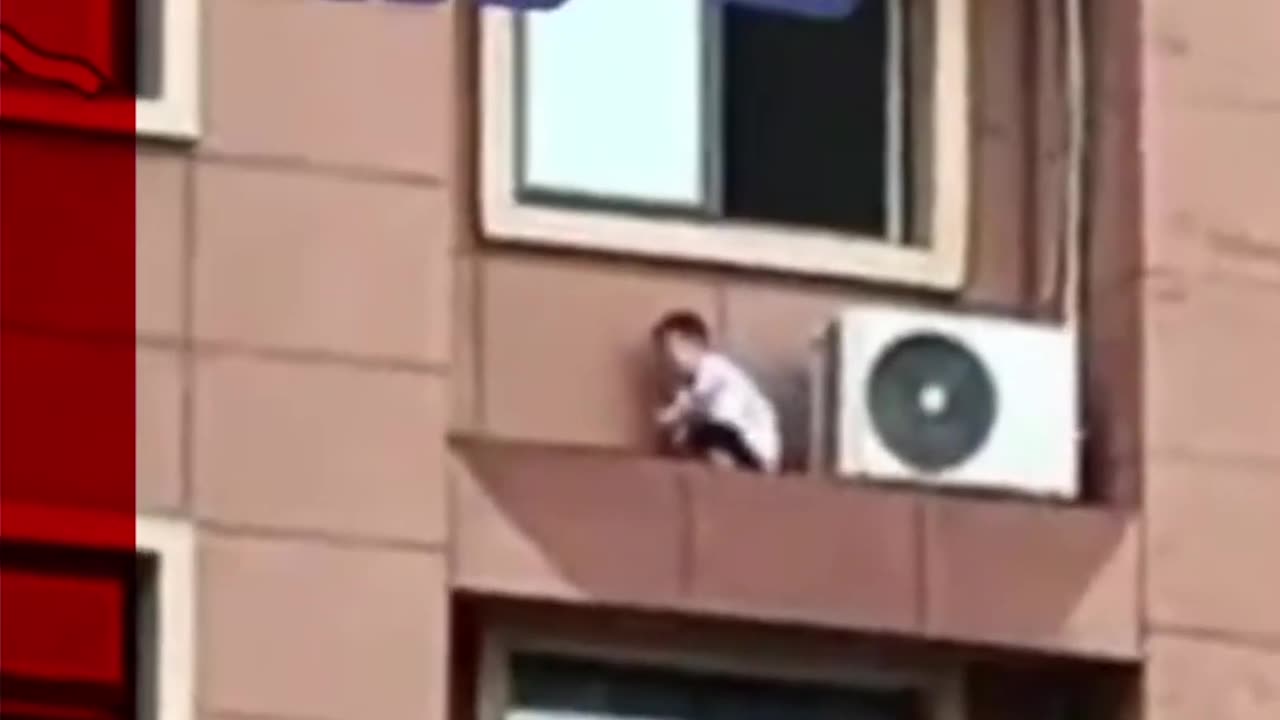 Child plays on high-rise window ledge in China