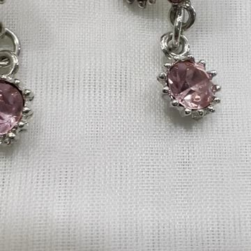 Rhodium Plated 1.5” Drop Earrings. Made with Swarovski Crystal. Pink Tone