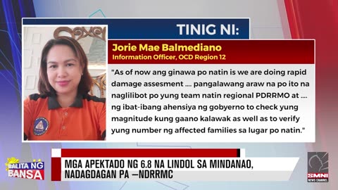 Mga apektado ng 6.8 na lindol sa Mindanao, nadagdagan pa —NDRRMC