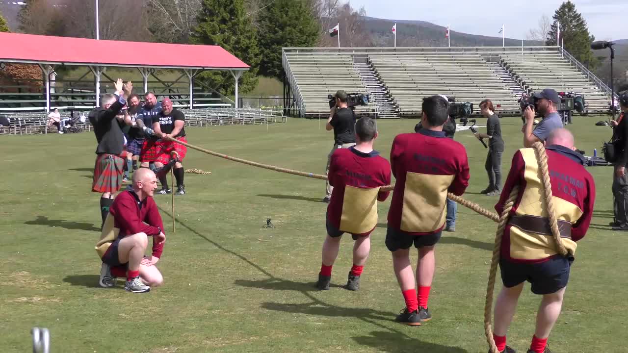 World's Strongest Men in a Tug o' War Challenge at Braemar Gathering Highland Games site in Scotland