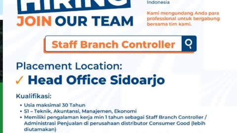 Rekomendasi loker Sentralsari Primasentosa Staff Branch Controller #lowongankerja #shorts #Reels