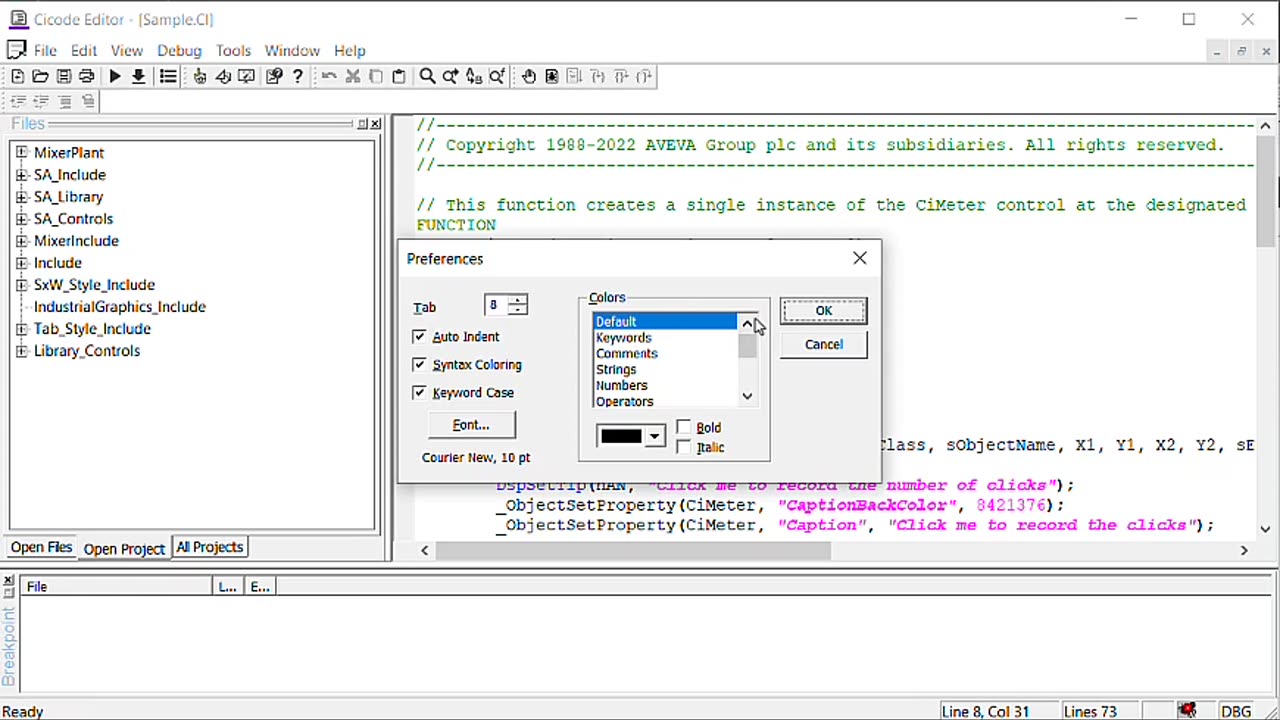 Exercise 1.8 - How to Set Preferences in Cicode Editor