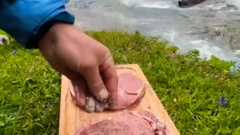 Beef steak cooked on a stone